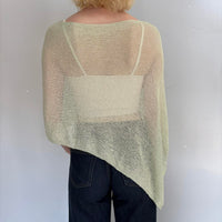 Back view of a sage green oversized sheer knit sweater top for women, lightweight breathable poncho cover up, asymmetrical hem, boho beach outfit, coastal grandmother fashion, resort wear layering piece, and casual chic summer knitwear.