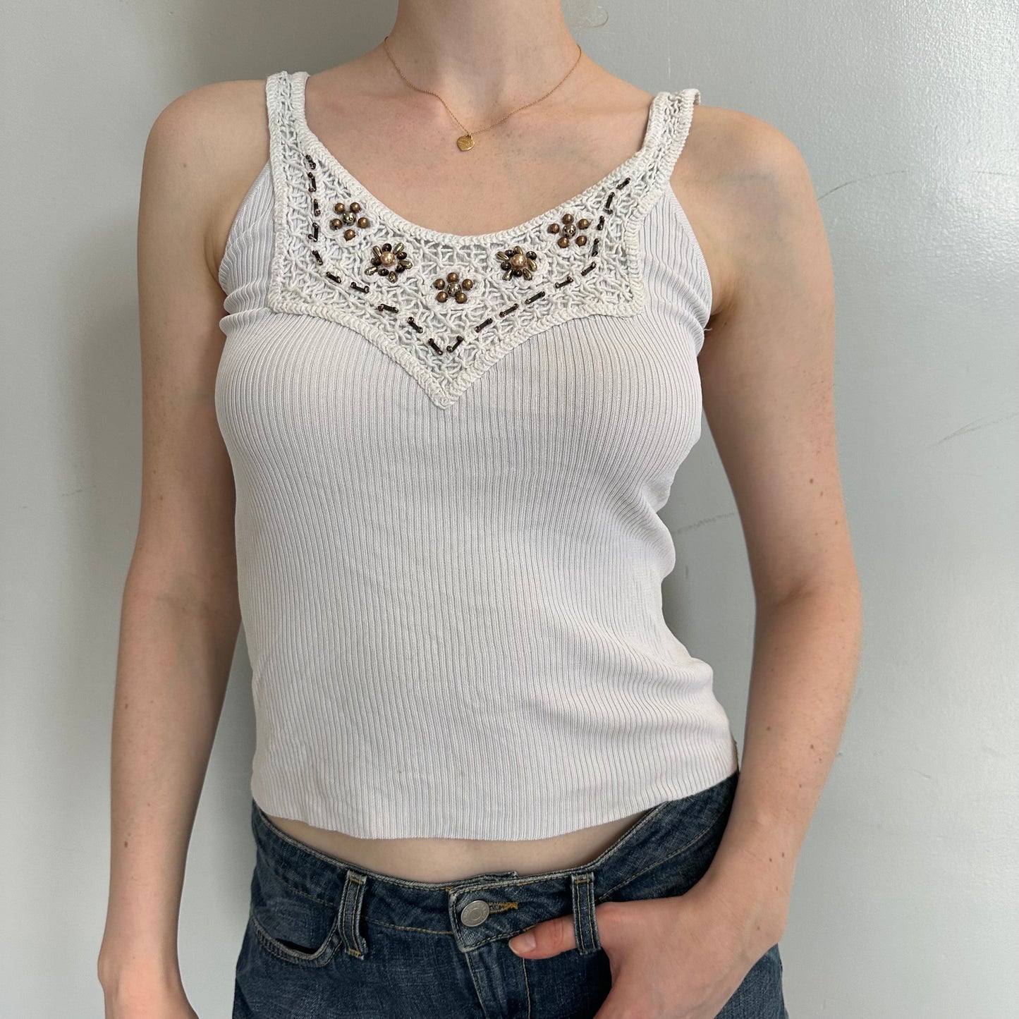 Beaded White Y2K Tank Top