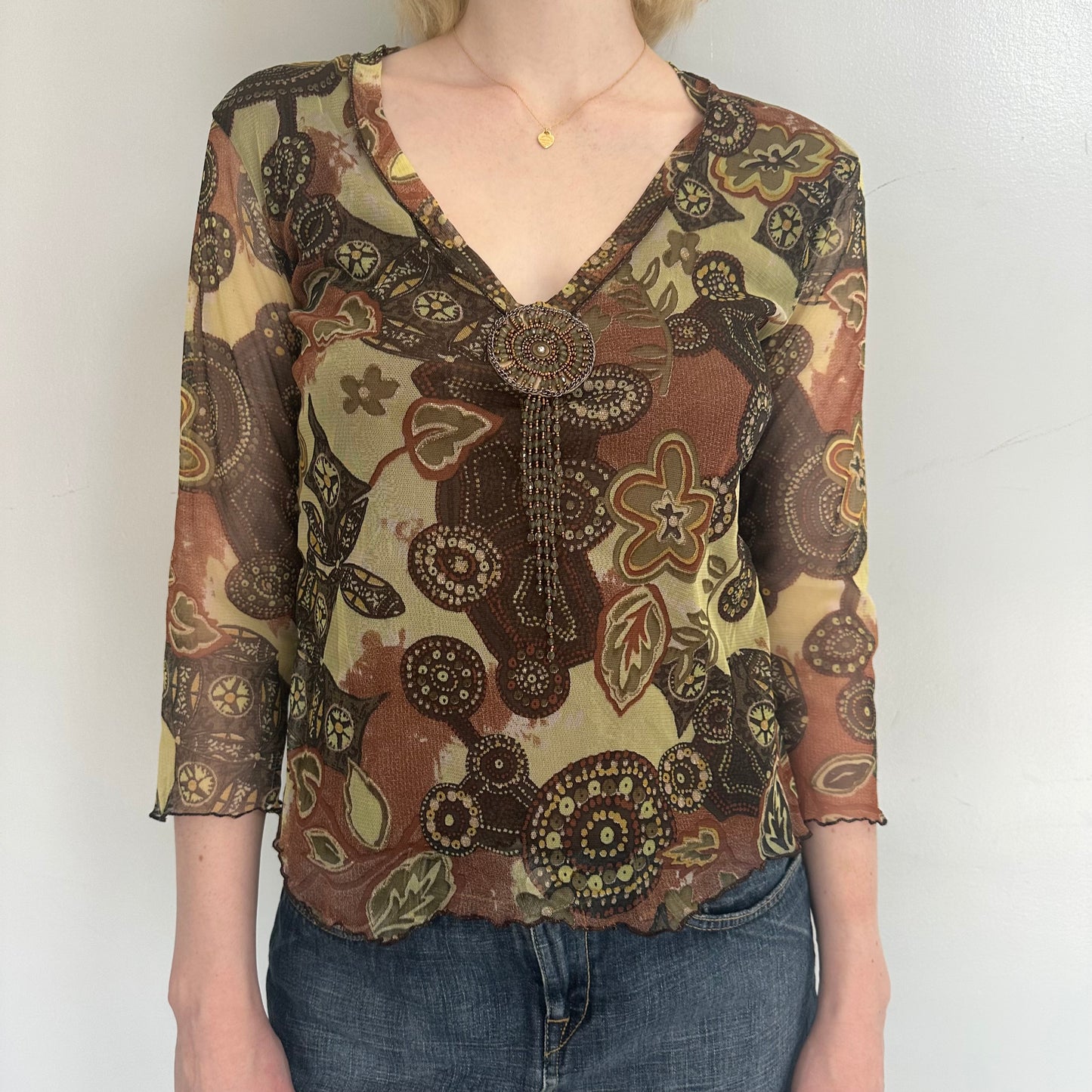 Floral beaded mesh top