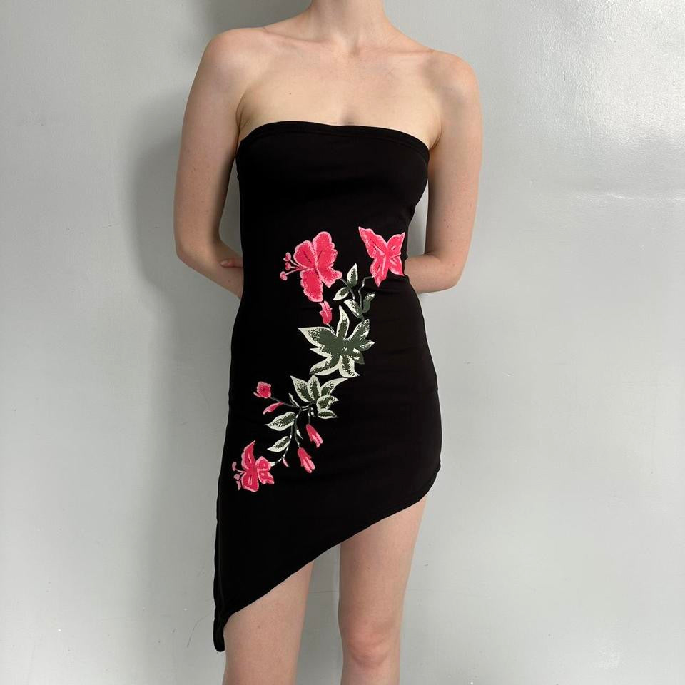 Floral Black Strapless Dress