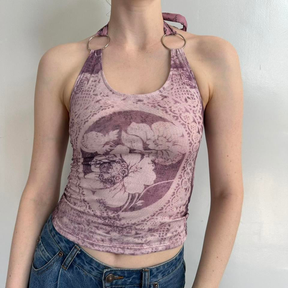 Purple Floral Print Halter Top