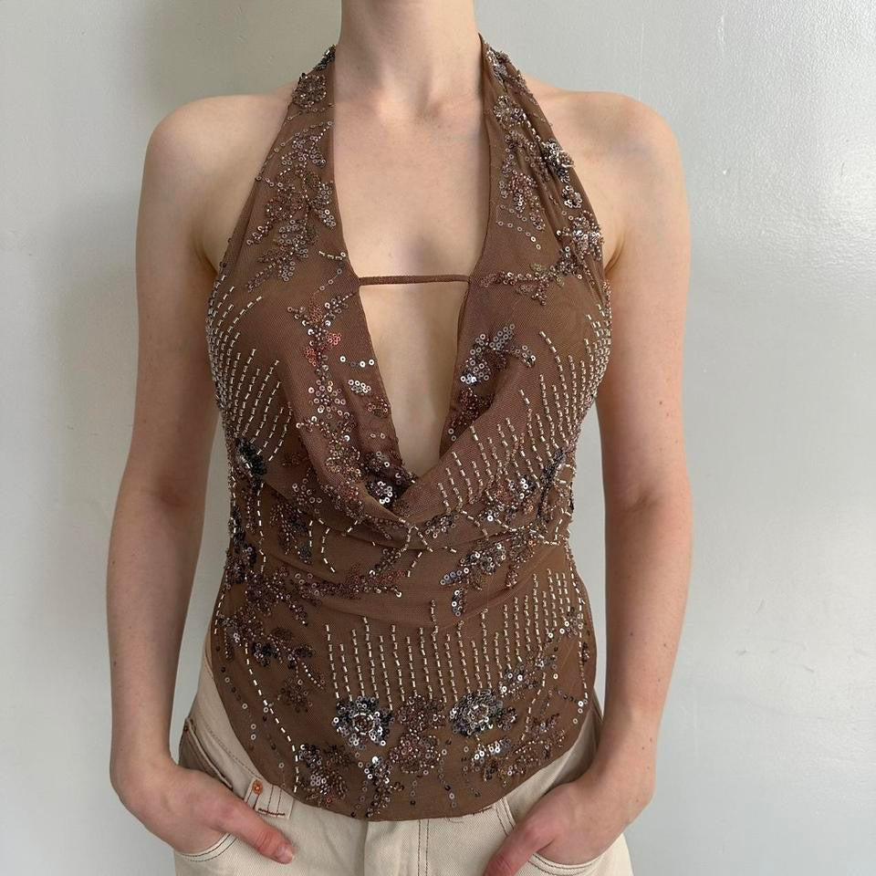 Chocolate Sequin Halter Top