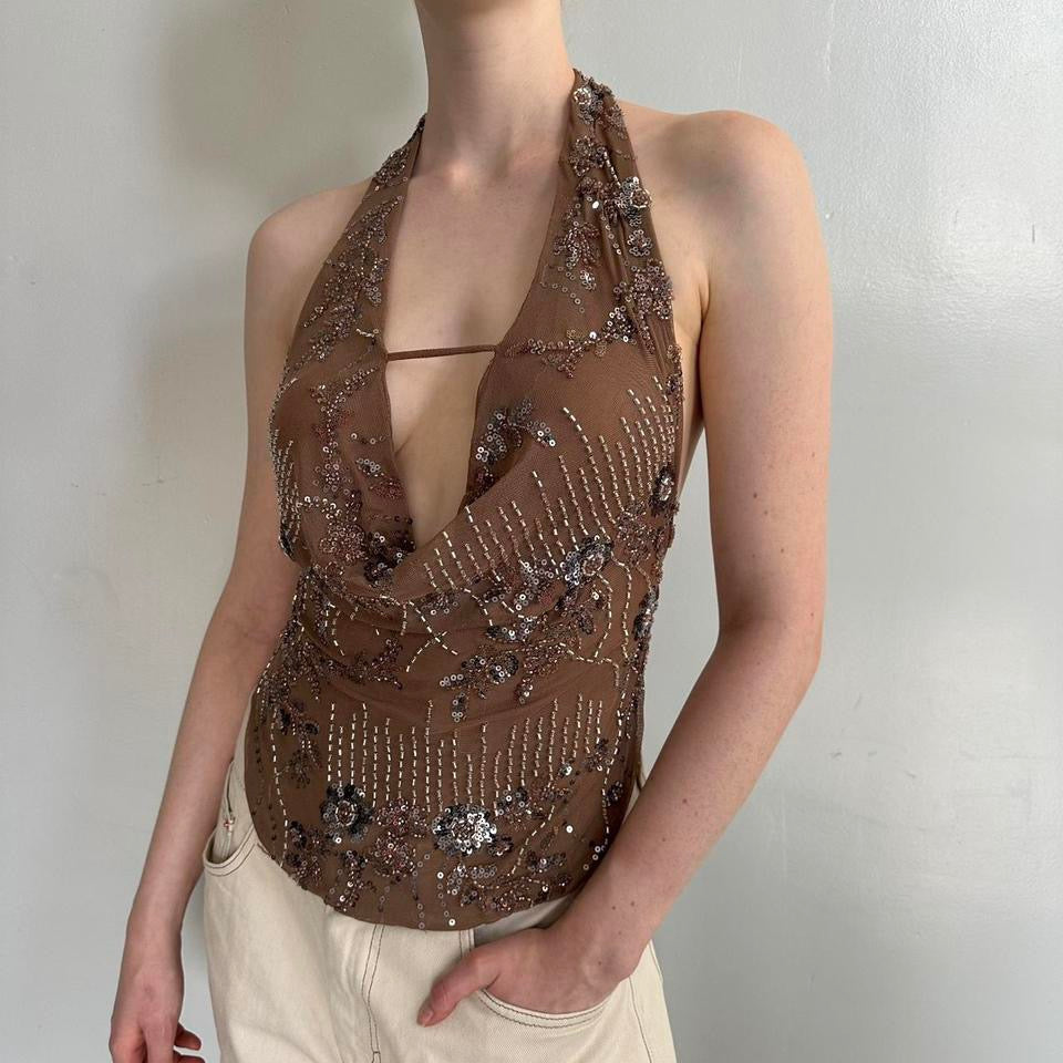Chocolate Sequin Halter Top