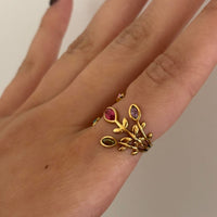 14K gold plated adjustable ring, waterproof gemstone ring, floral gold ring, botanical statement ring, colorful crystal ring, coquette jewelry, fairycore ring, cottagecore jewelry, whimsical gold accessory, nature-inspired ring, women's adjustable gold jewelry, and romantic gemstone statement ring.