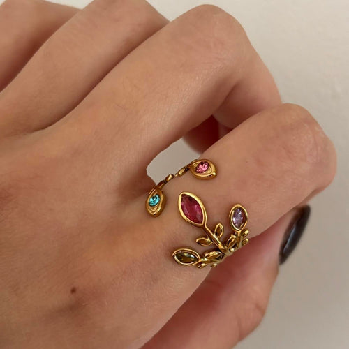 14K gold plated adjustable ring, waterproof gemstone ring, colorful crystal ring, floral gold ring, coquette jewelry, fairycore ring, cottagecore accessory, botanical statement ring, women's gold jewelry, romantic gemstone ring, whimsical adjustable ring, and feminine fashion jewelry.