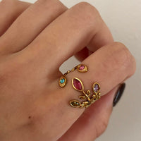 14K gold plated adjustable ring, waterproof gemstone ring, colorful crystal ring, floral gold ring, coquette jewelry, fairycore ring, cottagecore accessory, botanical statement ring, women's gold jewelry, romantic gemstone ring, whimsical adjustable ring, and feminine fashion jewelry.