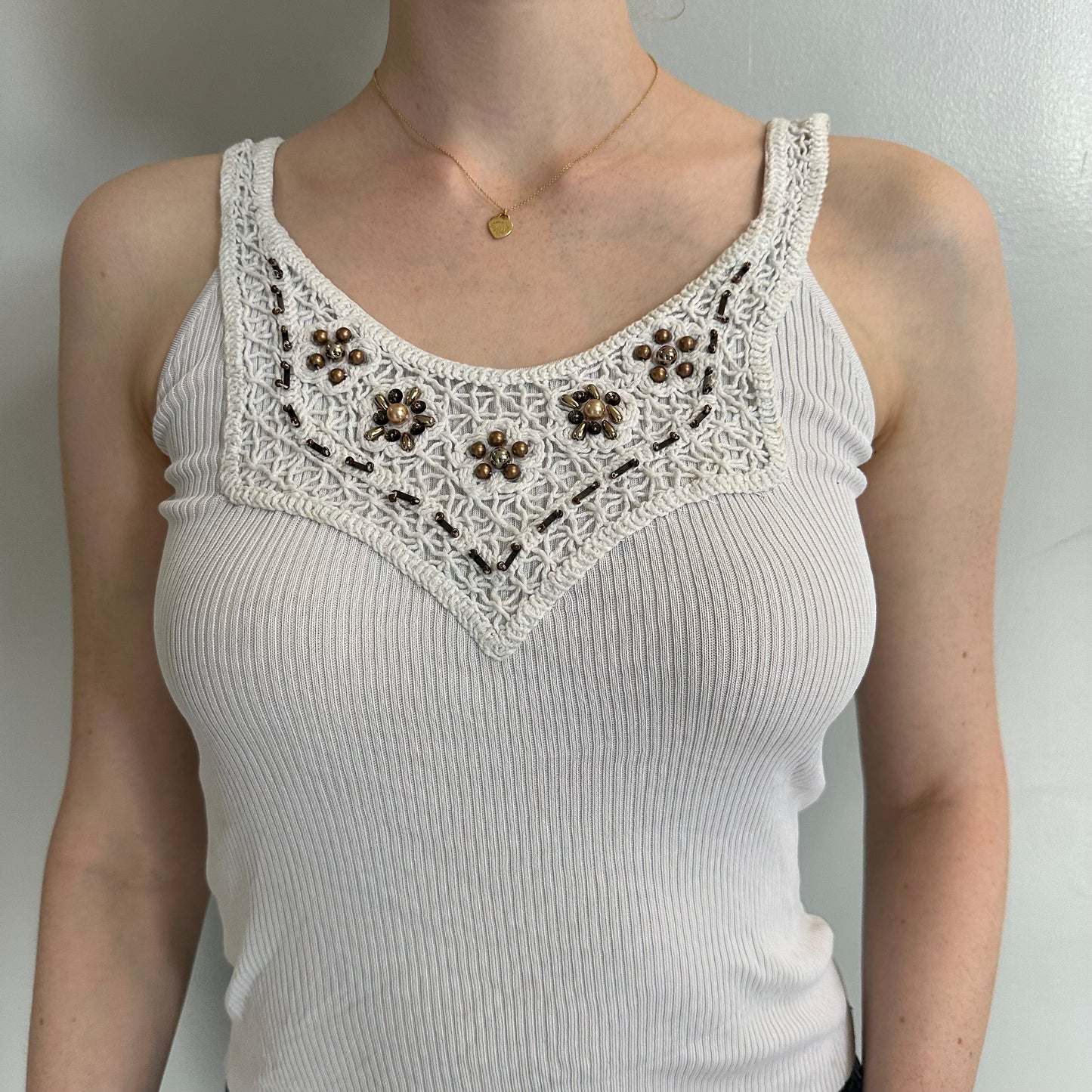 Beaded White Y2K Tank Top