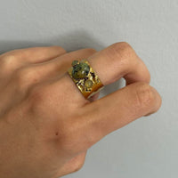 Vintage-inspired green stone gold statement ring on hand, adjustable 14k gold plated gemstone ring, waterproof tarnish-free hypoallergenic jewelry, boho Y2K fashion accessory, chunky natural stone band for everyday wear and layering