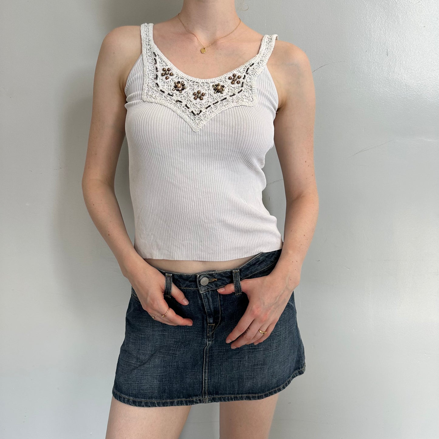 Beaded White Y2K Tank Top
