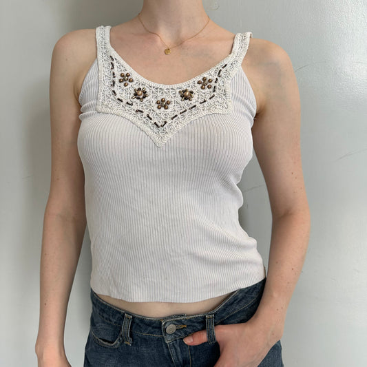 Beaded White Y2K Tank Top