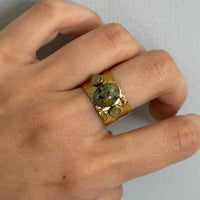 Gold adjustable statement ring with natural green stone detail, vintage-inspired boho jewelry, 14k gold plated waterproof hypoallergenic ring, trendy Y2K gemstone band styled on hand, tarnish-free everyday fashion accessory for women
