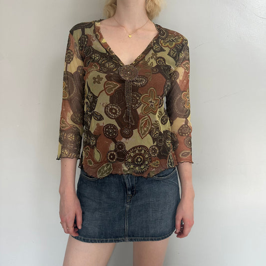 Floral beaded mesh top