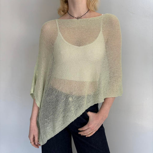 Sage green sheer knit poncho sweater for women, lightweight oversized cover up top, boho chic summer knitwear, beach vacation outfit, coastal style layering top, airy open weave sweater with asymmetrical hem.