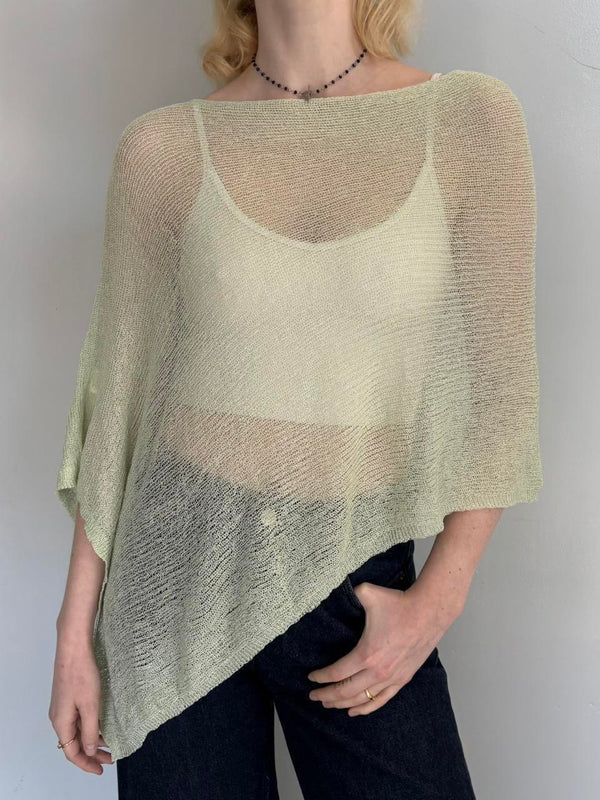 Sage green sheer knit poncho sweater for women, lightweight oversized cover up top, boho chic summer knitwear, beach vacation outfit, coastal style layering top, airy open weave sweater with asymmetrical hem.