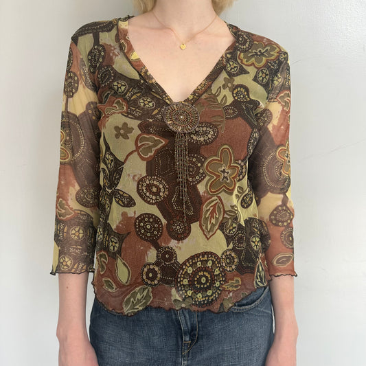 Floral beaded mesh top