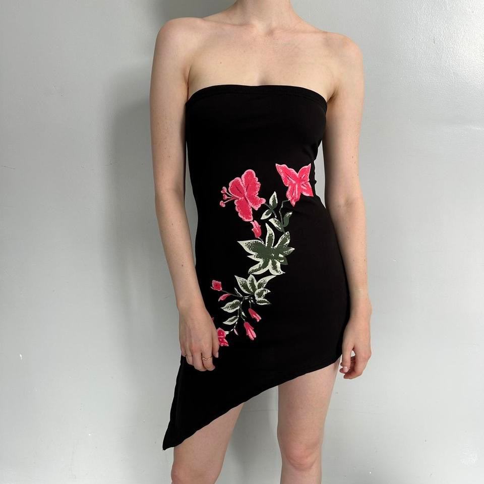 Floral Black Strapless Dress