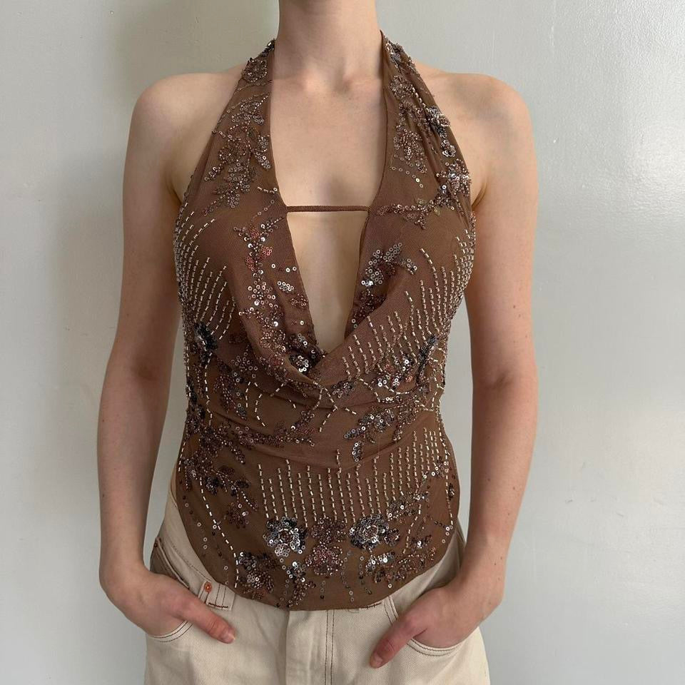 Chocolate Sequin Halter Top