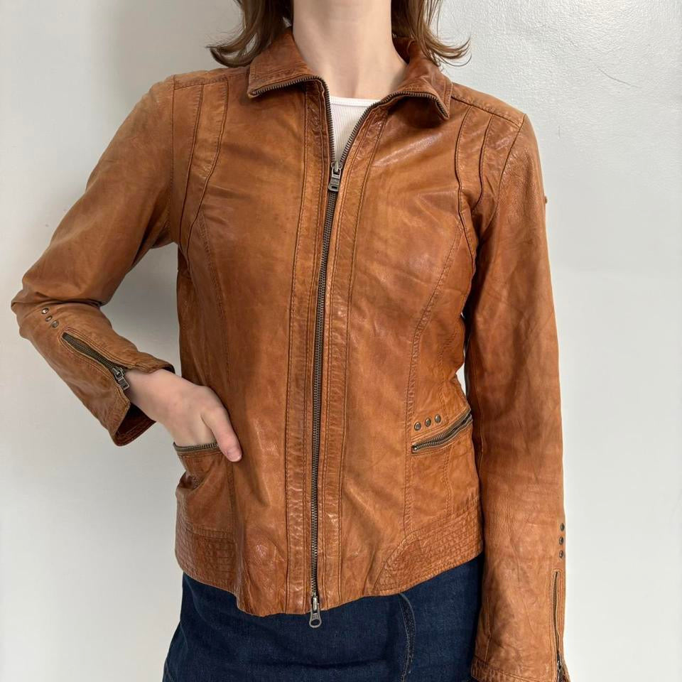 caramel brown leather jacket