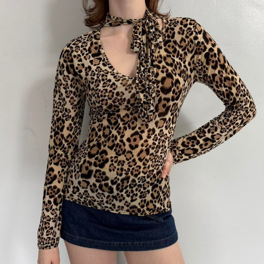 Leopard Tie Neck Long Sleeve