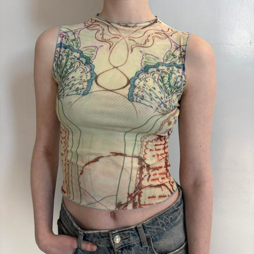 Sheer butterfly mesh top, Y2K aesthetic sleeveless graphic tank, vintage inspired slim fit polyester top, stretchy bodycon mesh shirt, abstract butterfly print baby tee, trendy going out top, women’s aesthetic fashion top, Nuestro Amor Selectivos boutique style