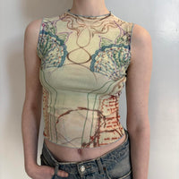 Sheer butterfly mesh top, Y2K aesthetic sleeveless graphic tank, vintage inspired slim fit polyester top, stretchy bodycon mesh shirt, abstract butterfly print baby tee, trendy going out top, women’s aesthetic fashion top, Nuestro Amor Selectivos boutique style