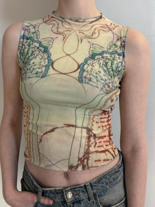 Sheer butterfly mesh top, Y2K aesthetic sleeveless graphic tank, vintage inspired slim fit polyester top, stretchy bodycon mesh shirt, abstract butterfly print baby tee, trendy going out top, women’s aesthetic fashion top, Nuestro Amor Selectivos boutique style