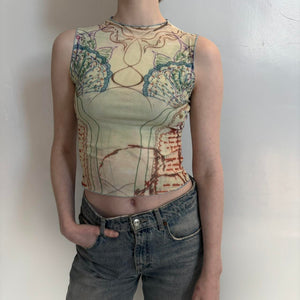 Sheer butterfly mesh top, Y2K aesthetic sleeveless graphic tank, vintage inspired slim fit top, abstract butterfly print mesh shirt, stretchy polyester