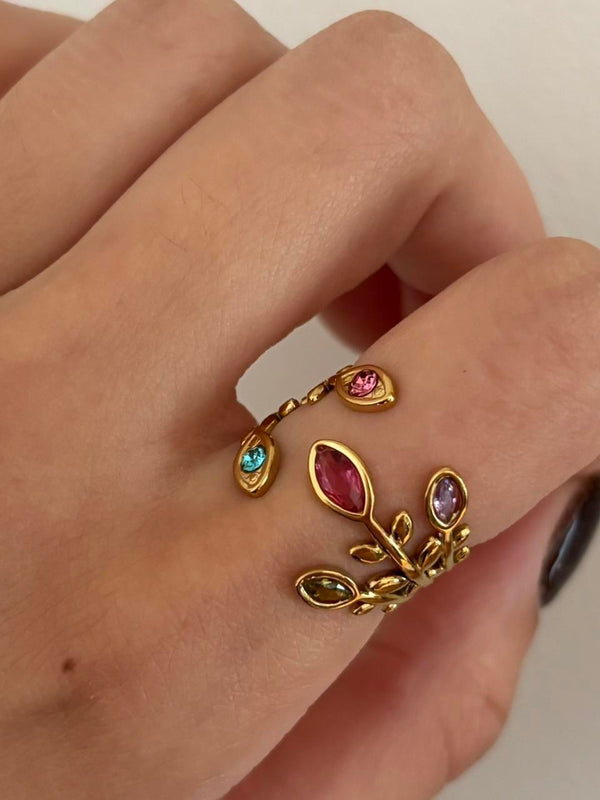 14K gold plated adjustable ring, waterproof gemstone ring, colorful crystal ring, floral gold ring, coquette jewelry, fairycore ring, cottagecore accessory, botanical statement ring, women's gold jewelry, romantic gemstone ring, whimsical adjustable ring, and feminine fashion jewelry.